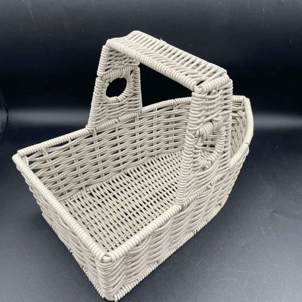 Vintage White Woven Faux Rattan Basket Metal Frame Heavy Weight Storage Caddy